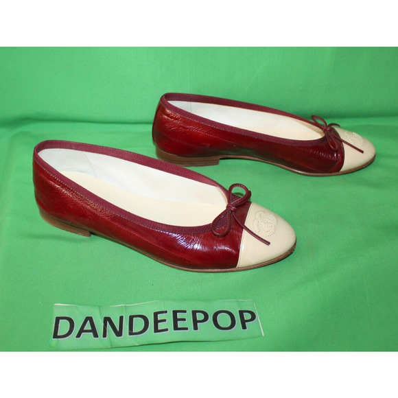 Chanel Designer Ballet Flats Burgundy Beige Logo Shoes Italy Size Women's 36.5 - Picture 3 of 14